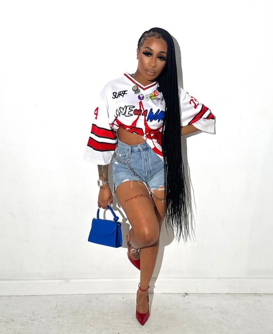 #NEW White/Red Box Cut Crop Football Jersey