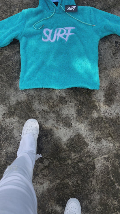 Aqua Blue Crop Fluffy Hoodie